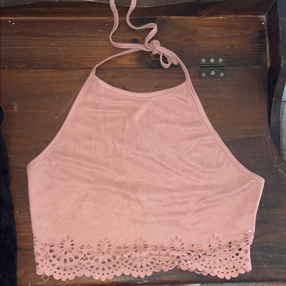 SHEIN Dusty Pink Halter Crop Top with Laser-Cut Hem